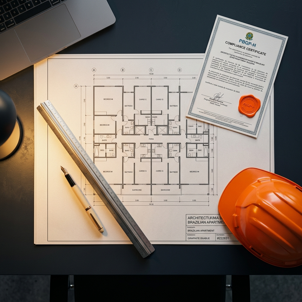 Plantas de obra com certificação PBQP-H sobre a mesa